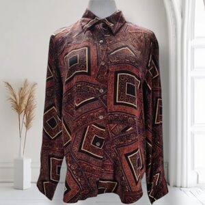 Vintage 90s Scarf Print Silk Button Up Size L Relaxed Fit Long Sleeve Blouse